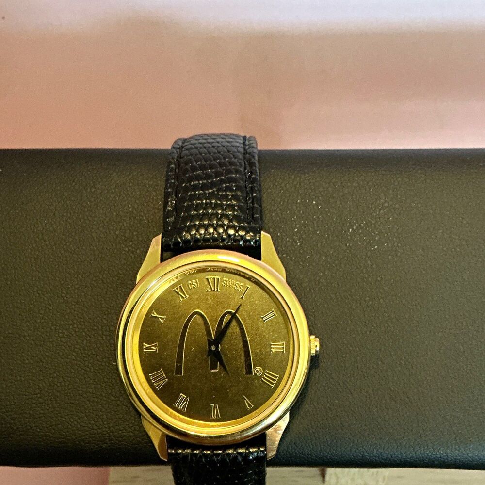 McDonald's Vintage Logo Dial Swiss Quartz Watch Gold Tone Black Leather Strap